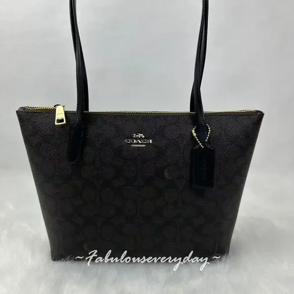 Coach Fiona Zip Tote Bag In Signature Canvas/Gold/Walnut/Black CBT18 NWT - Picture 2 of 8